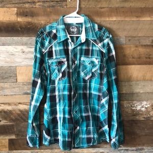 BKE Buckle Button Down Flannel Teal and Black Men’s Large
